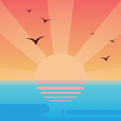 Sunrise, sea, sun, birds, silhouette, abstract, graphic, nature, dawn, sky, orange, horizon, minimalism, calm, vector, flat design, landscape