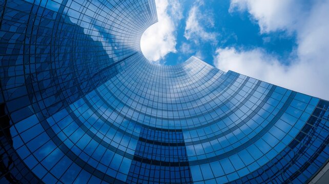 Modern glass building reaching for the sky, creating a unique architectural design with blue glass and a clear blue sky. - Powered by Adobe