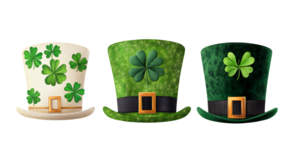 Variety of St Patrick Day hats with shamrock decorations