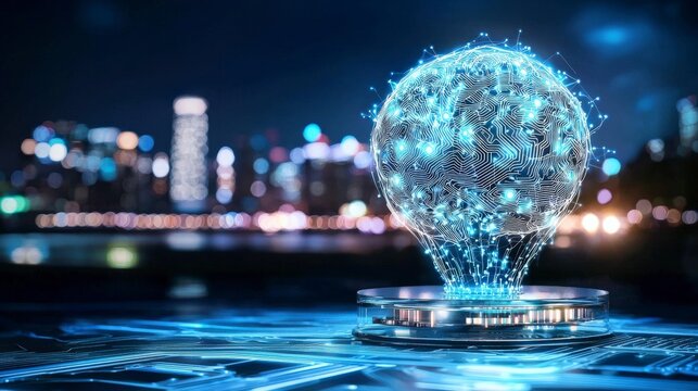 Glowing Blue Circuit Board with Neural Network Patterns and City Lights