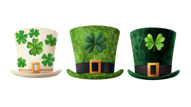 Variety of St Patrick Day hats with shamrock decorations