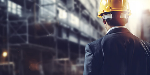 Businessman wearing a suit and construction helmet at a construction site.