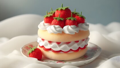 A hyperrealistic miniature strawberry shortcake plush toy with soft, fluffy layers, realistic whipped cream, and glossy fresh strawberries on top, placed on a delicate porcelain plate.
