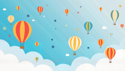 Colorful hot air balloons soaring in clear blue sky, joyful adventure