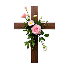 Wooden cross adorned with pink roses and white flowers against a black background in a studio shot © SmartDesignStock