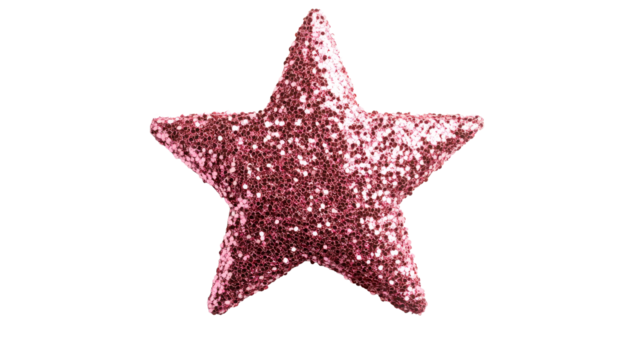 Shiny pink star decoration with glitter on transparent background