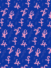 Abstract print with pink coral on a blue background