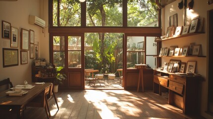 A charming vintage inspired living space with antique furniture and pastel colors.