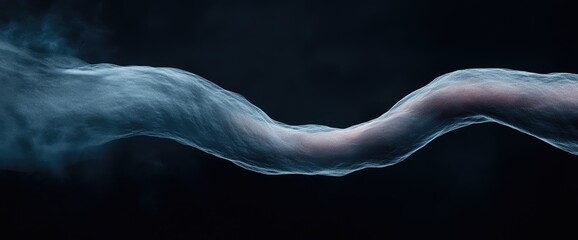 An abstract form, blue and gray on a dark background, twists and turns in a fluid motion
