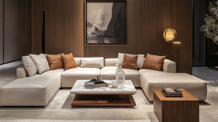 Creative composition of living room interior with mock up poster frame, marble coffee table, modular sofa, beige coffee table, wooden consola and personal accessories. Home decor. Template.
