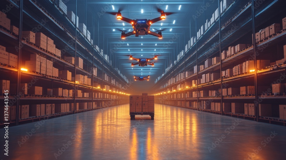 Poster Drones are actively exploring a high tech warehouse filled with shelves of boxes, enhancing logistics processes and inventory accuracy in a busy distribution hub.