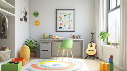 Sunny composition of kids room interior with mock up poster frame, gray desk, green chair, plush toys, guitar, garland on wall, rug, wooden block and personal accessories. Home decor. Template.
