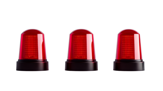 Red emergency lights lined up on a transparent background