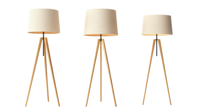 Modern floor lamps with wooden tripod bases and fabric shades