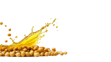 Soybean oil splashing alongside soybeans on a transparent background