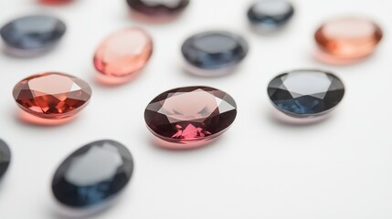 Precious Oval-Cut Gemstones in Deep Blue and Rich Red Shades, Perfectly Detailed under Studio Lighting on White Background