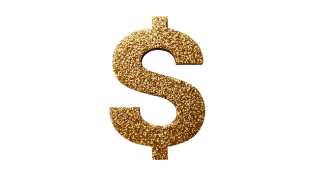 Glittering gold dollar sign symbol on transparent background