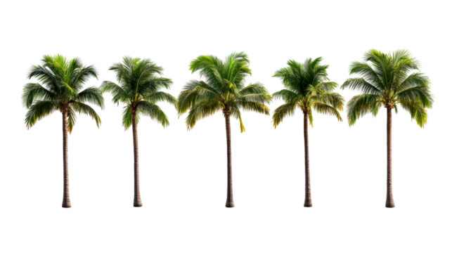 Group of five palm trees with lush green leaves standing tall