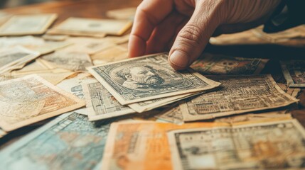 A person's hand flipping through different types of international currency.
