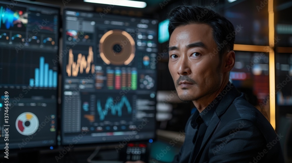 Poster analyzing business data with advanced analytics tools in a high-tech office environment