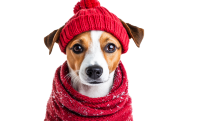 Dog wearing a red hat and scarf with a playful expression