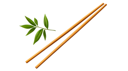 Two wooden chopsticks and a green leaf on a transparent background