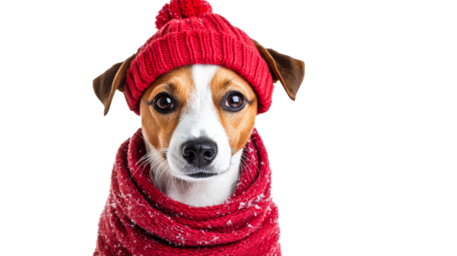 Dog wearing a red hat and scarf with a playful expression