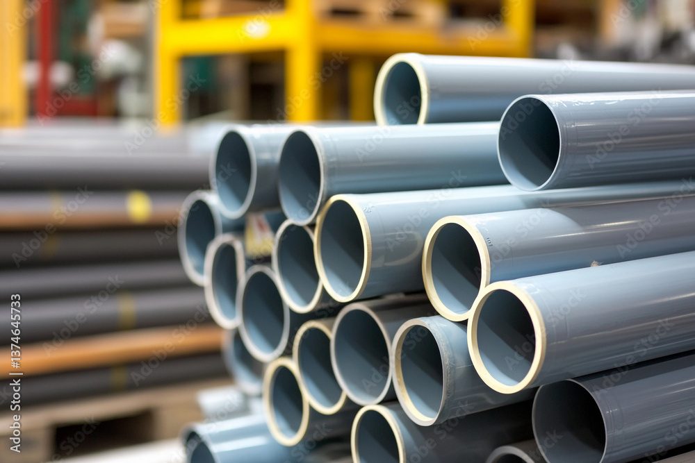 Poster neatly stacked pvc plumbing pipes in a storage facility generative ai