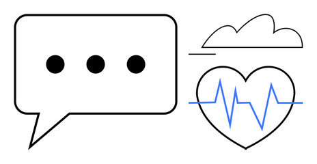 Speech bubble with ellipsis, heartbeat line inside heart, and cloud. Ideal for health, communication, mental health, technology, online services connection mindfulness. Flat simple metaphor