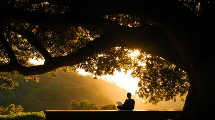 A solitary person reading a book under a large tree in the park.
