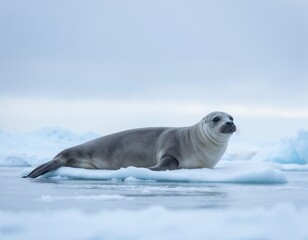 Obraz premium Seal resting on ice in a tranquil arctic environment 