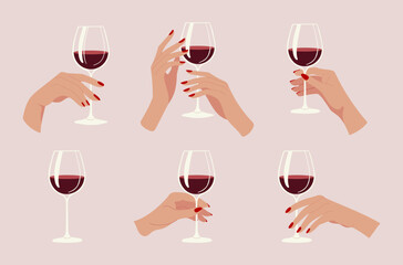 A set of six images of women holding wine glasses with their hands. The images are all in the same style and have a similar mood