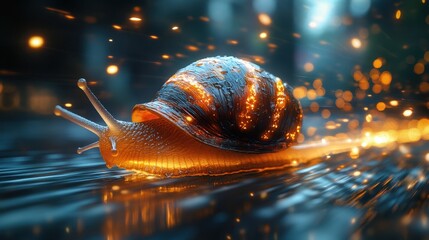 Snail racing through a cosmic landscape, defying natural speed limits with a trail of luminous sparks