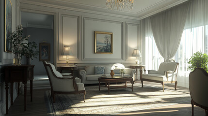 Fototapeta premium A living room arrangement focusing on geometric forms and muted colors, ideal for relaxation. Stylish armchair and furniture. Copy space.
