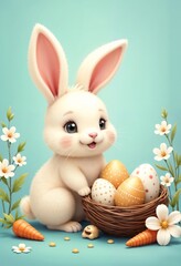 Adorable White Bunny with Golden Easter Eggs – Festive Spring Celebration