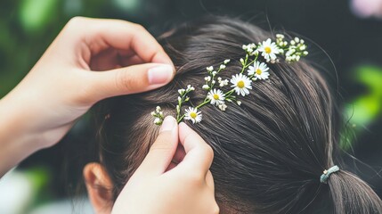 Naklejka premium Mother Braiding Child's Hair with Tiny Flowers and Leaves in Nature