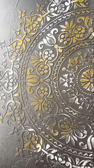 Golden and silver embossed floral mandala pattern on black wall, elegant and ornate detail, interior design, concept of luxury décor, modern art, textured surface, cultural influence, fine detail
