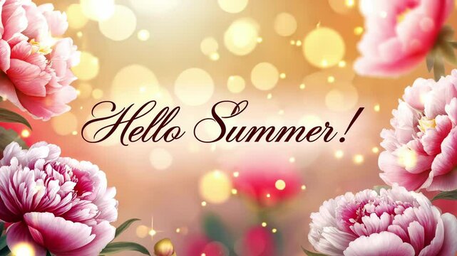 Pink peonies framing a golden bokeh background with the words lettering Hello Summer! animated greeting card