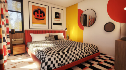 Obraz premium Contemporary bedroom interior featuring bold textile patterns and refined decor accents.