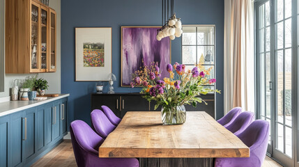 Contemporary Easter-themed interior featuring a wooden dining table, stylish purple chairs, and soft seasonal decorations.