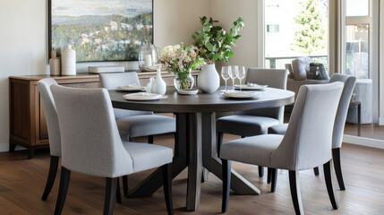 Contemporary design of dining room interior with round table, gray chairs, wooden floor, decorations, flowers in vase, paintings and elegant personal accessories. Stylish home decor. Template.