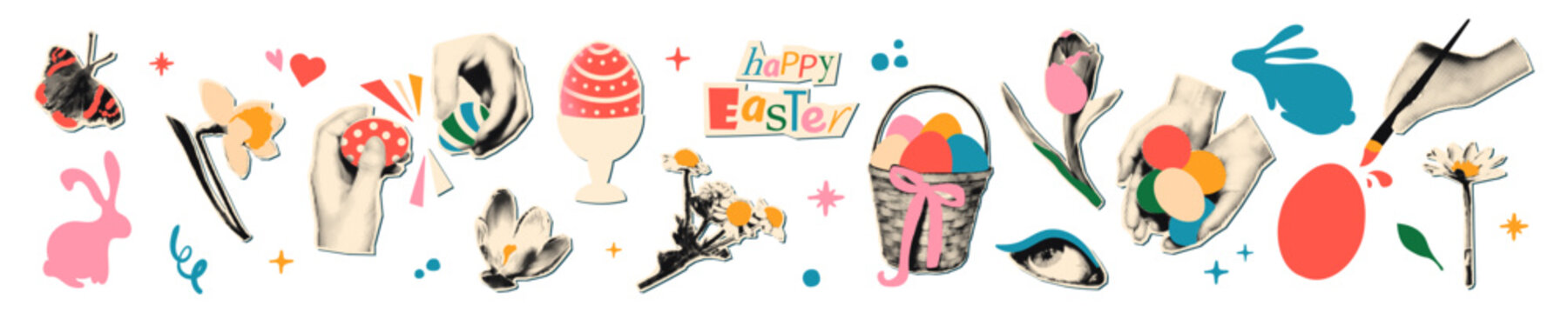 Easter halftone collage elements set. Cut out paper clipping shapes for mixed media design, Easter eggs, bunny, spring flowers, hands with vintage dot texture, doodles Modern retro vector illustration
