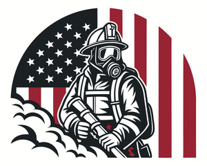 Firefighter in full gear holding hose with American flag and thin red line.
