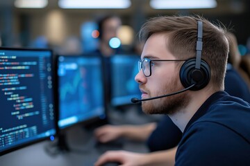 Call Center Agents Working With Headsets in Busy Office With Supervisor and Multiple Screens