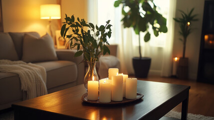 A stylish, minimalist living room area with dark wooden coffee table, candelstick, nuts and elegant decor, soft lighting, and a tranquil ambiance. Home styling. Template.