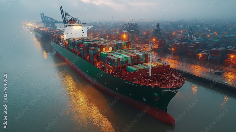 Fototapete A large cargo ship approaches the dock at a bustling container terminal as lights illuminate the area. Workers are actively loading and unloading freight containers amidst the evening atmosphere.