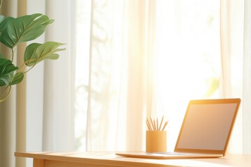 Fototapeta premium Confident Female Freelancer Working Remotely From Home Office With Laptop, Tablet, and Natural Light Decor