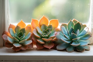 Three succulent plants, vibrant colors, sitting on a windowsill, bathed in sunlight.