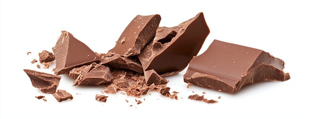 piece bar chunk broken cocoa milk background dark candy view. top piece bar chunk isolated white above flying cream dessert food cacao chip chopped crumb 3D snack cube bowl flake sweet square slic