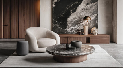 Creative composition of living room interior with copy space, modern armchair, marble lamp, wooden coffee table, pouf, gray rug, vase with leaves and personal accessories. Home decor. Template.